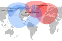 Coverage of BMEWS is shown in red, complementing the coverage provided by the PAVE PAWS system in blue. Coverage for both systems extends over the North Pole and both report back to Cheyenne Mountain Air Base in Colorado.